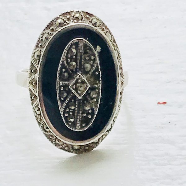 Vintage Sterling Silver Onyx and Marcasite Oval statement ring Great design Size 7 1/4 sterling marked .925 Unique style jewelry