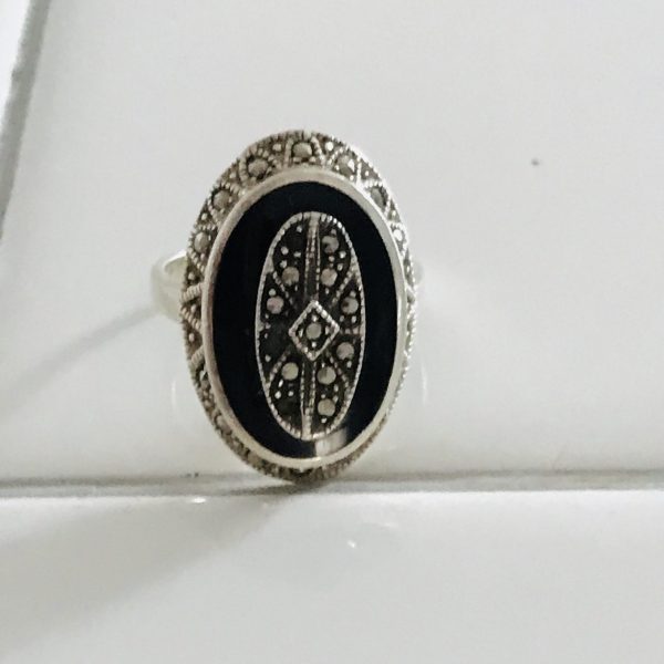Vintage Sterling Silver Onyx and Marcasite Oval statement ring Great design Size 7 1/4 sterling marked .925 Unique style jewelry