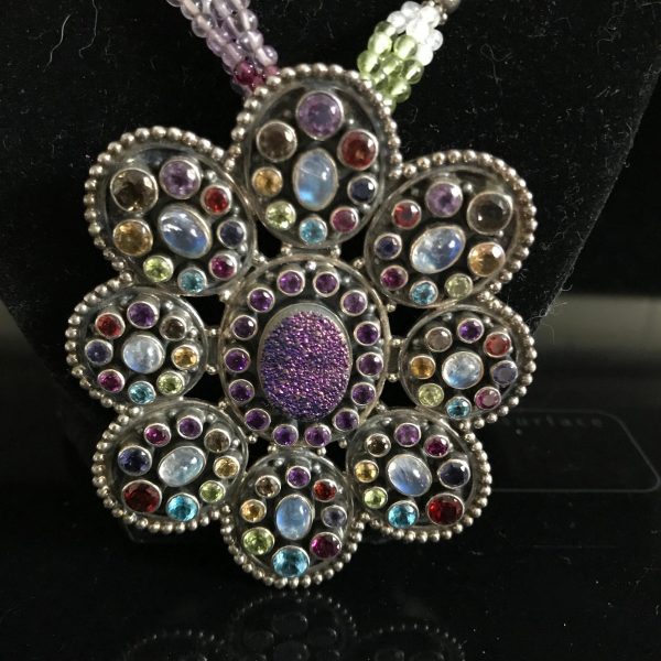 Vintage Sterling Silver Ornate beaded Necklace Jewel semi precious stones druzy center stone blue and purple .925 large pendant or brooch