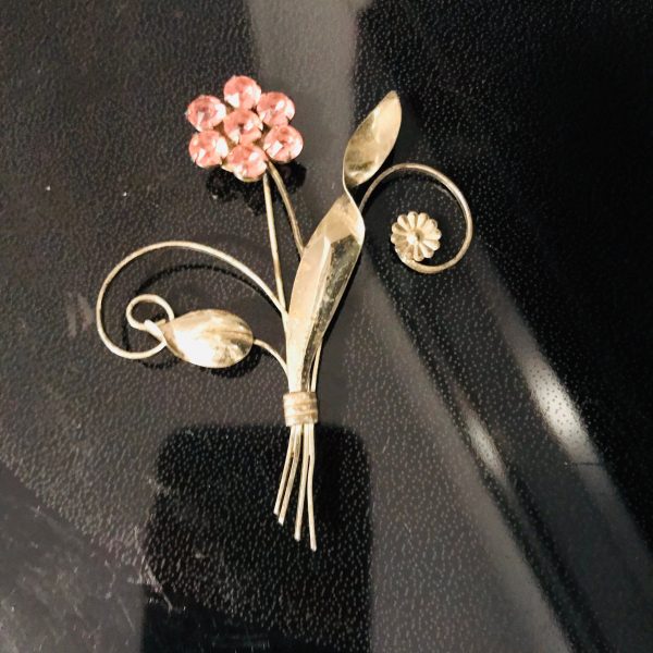 Vintage Sterling Silver Pin Brooch Truart 1930's Art Nouveau Large Flower & leaves pink rhinestone flower neat detail 3 1/4" long