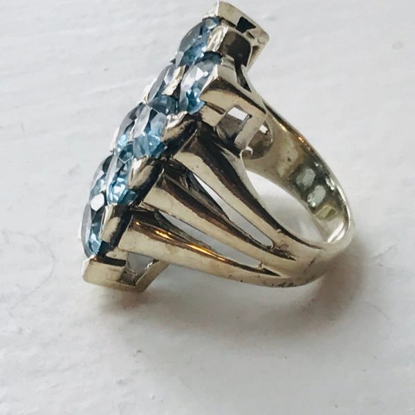 Vintage Sterling Silver Ring Faceted 8 Aquamarine Stones open side band Evening clubbing special event collectible .925 Jewelry size 7.75
