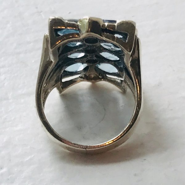 Vintage Sterling Silver Ring Faceted 8 Aquamarine Stones open side band Evening clubbing special event collectible .925 Jewelry size 7.75