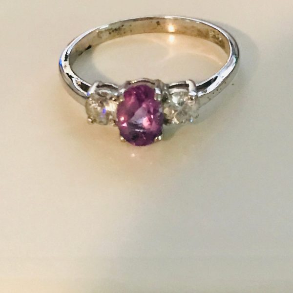 Vintage Sterling Silver Ring Faceted Amethyst petite ring with Cz's on each side dainty collectible .925 Jewelry size 9