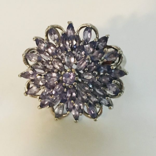 Vintage Sterling Silver Ring Faceted Amethyst Stones Cluster Statement Ring Evening  special event collectible .925 Jewelry size 6.75