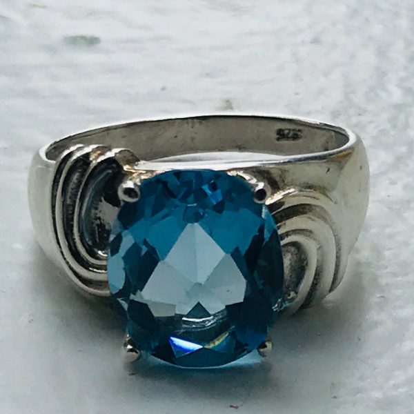 Vintage Sterling Silver Ring Faceted Aquamarine ornate band Evening clubbing special event collectible .925 Jewelry size 8 cushion stone