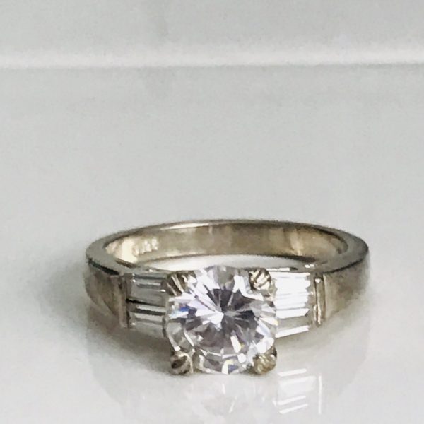 Vintage Sterling Silver Ring Faceted Cubic Zircon Round Evening special event collectible .925 Jewelry size 6 with baguettes inset in band