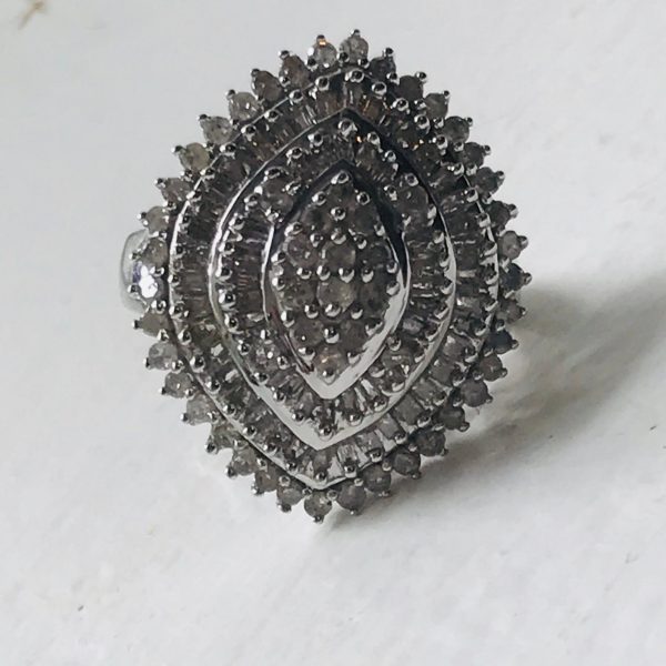 Vintage Sterling Silver Ring Faceted Cubic Zircon Stones ornate band Evening statement ring collectible .925 Jewelry size 9