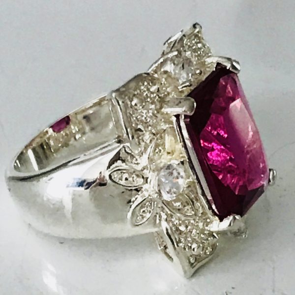Vintage Sterling Silver Ring Faceted dark pink stone ornate band w/crystals Evening clubbing special event collectible .925 Jewelry size 8