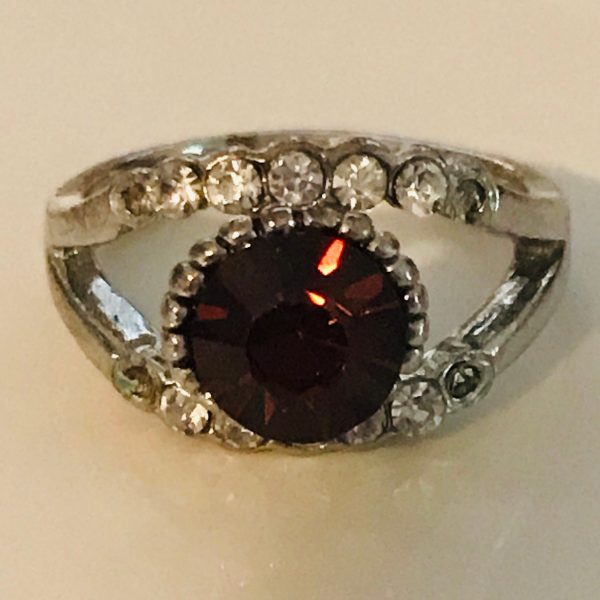Vintage Sterling Silver Ring Faceted Garnet prong set Statement CZ's band Evening special event collectible .925 Jewelry size 5 1/2