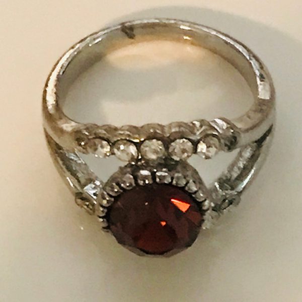Vintage Sterling Silver Ring Faceted Garnet prong set Statement CZ's band Evening special event collectible .925 Jewelry size 5 1/2