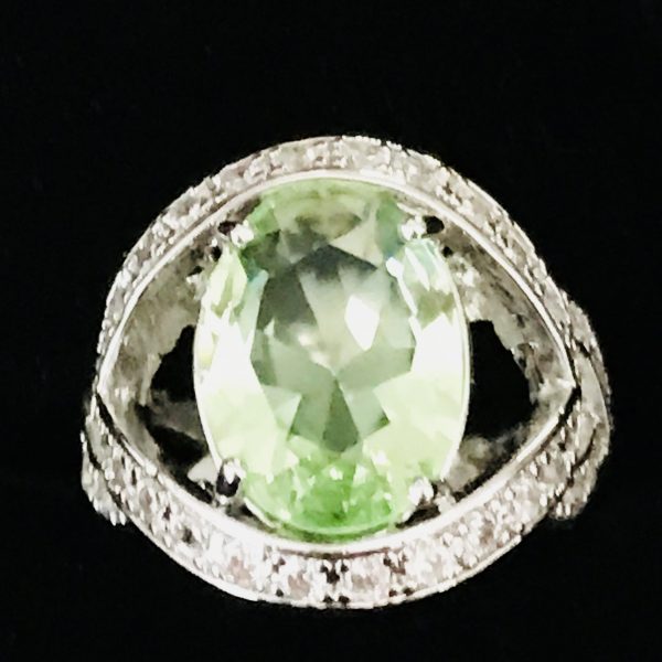 Vintage Sterling Silver Ring Faceted green citrine  ornate band w/crystalsEvening clubbing special event collectible .925 Jewelry size 8 3/4