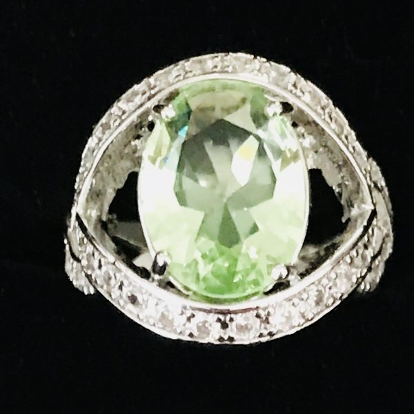 Vintage Sterling Silver Ring Faceted green citrine  ornate band w/crystalsEvening clubbing special event collectible .925 Jewelry size 8 3/4