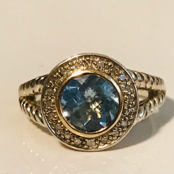 Vintage Sterling Silver Ring Faceted Large Aquamarine Statement Ring with CZ's around center stone .925 Jewelry size 7