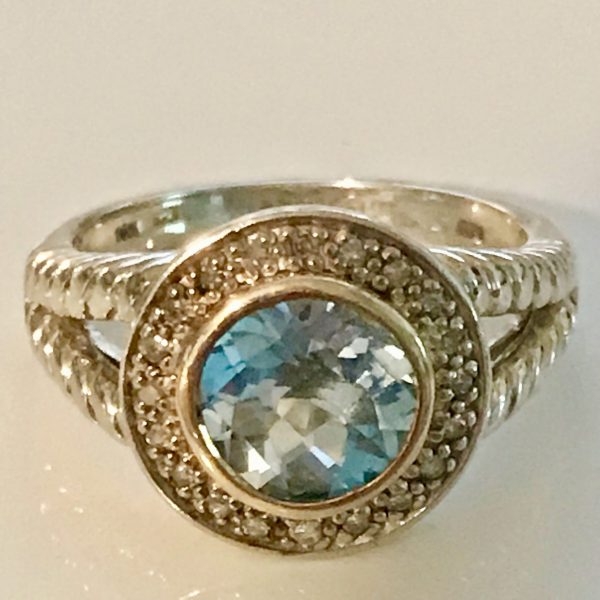 Vintage Sterling Silver Ring Faceted Large Aquamarine Statement Ring with CZ's around center stone .925 Jewelry size 7