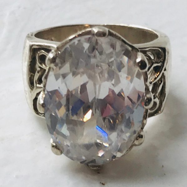 Vintage Sterling Silver Ring Faceted Large Cubic Zircon Oval Ornate band Evening clubbing special event collectible .925 Jewelry size 7