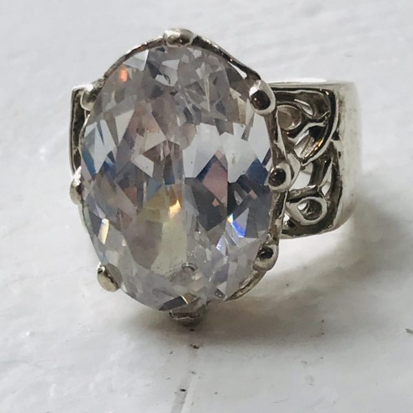 Vintage Sterling Silver Ring Faceted Large Cubic Zircon Oval Ornate band Evening clubbing special event collectible .925 Jewelry size 7