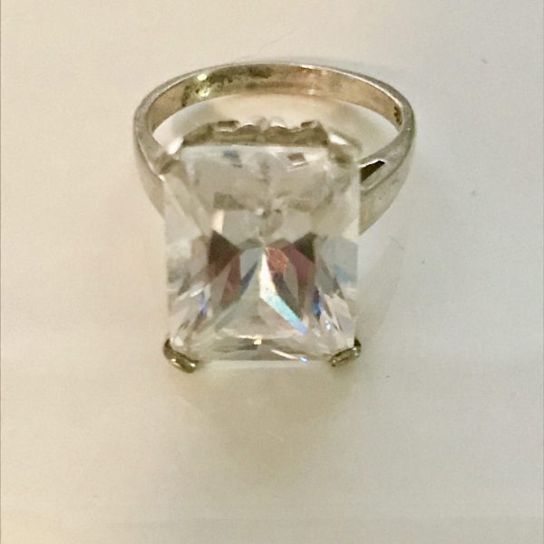 Vintage Sterling Silver Ring Faceted Large Cubic Zircon Rectangle Evening clubbing special event collectible .925 Jewelry size 7.75