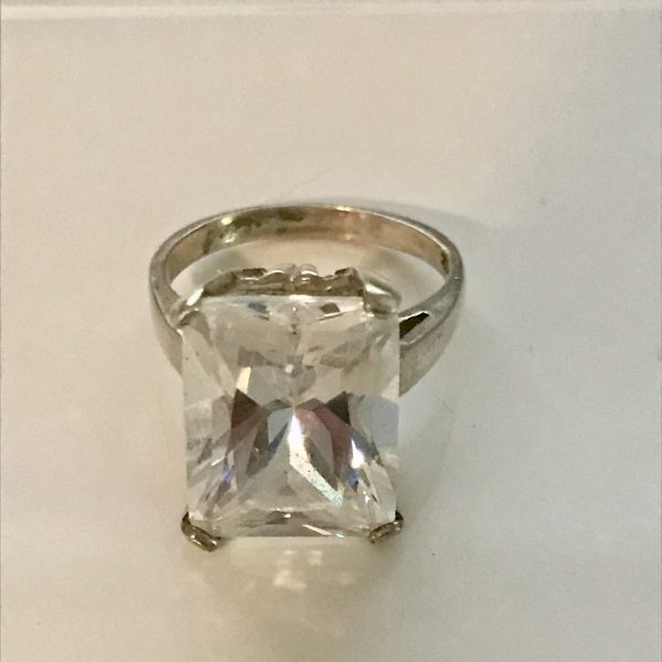 Vintage Sterling Silver Ring Faceted Large Cubic Zircon Rectangle Evening clubbing special event collectible .925 Jewelry size 7.75