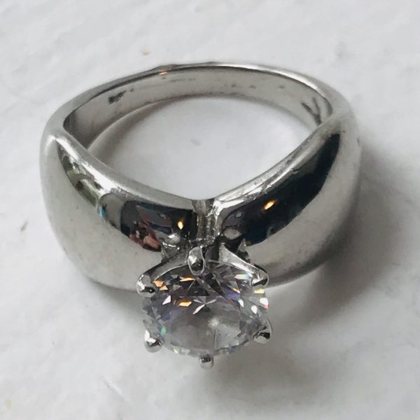 Vintage Sterling Silver Ring Faceted Large Cubic Zircon Round bow shape band Evening special event collectible .925 Jewelry size 6