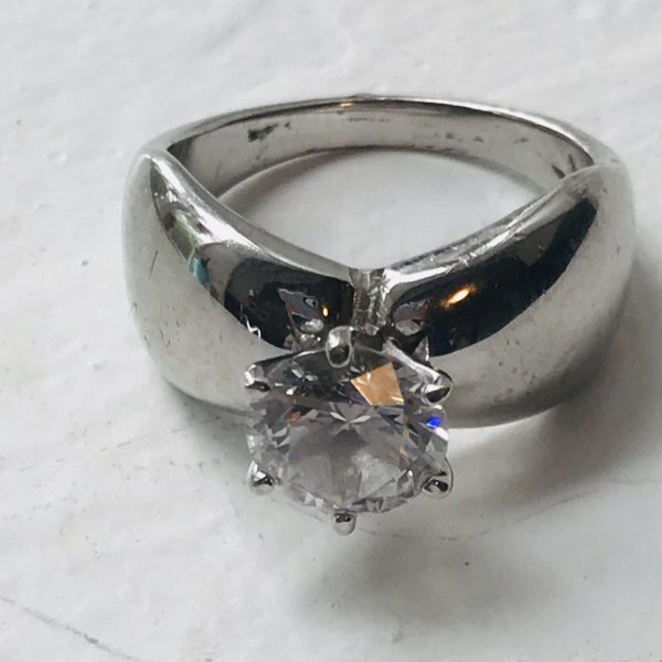 Vintage Sterling Silver Ring Faceted Large Cubic Zircon Round bow shape band Evening special event collectible .925 Jewelry size 6