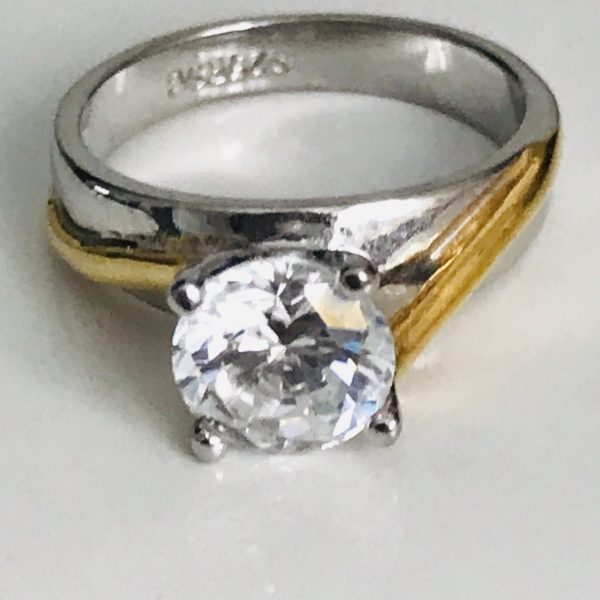 Vintage Sterling Silver Ring Faceted Large Cubic Zircon Round with gold washed band special event collectible .925 Jewelry size 7 1/4