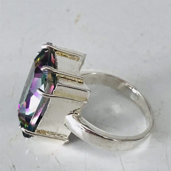 Vintage Sterling Silver Ring Faceted Mystic Firey Topaz o Evening clubbing special event .925 Jewelry size 8 collectible Stunning