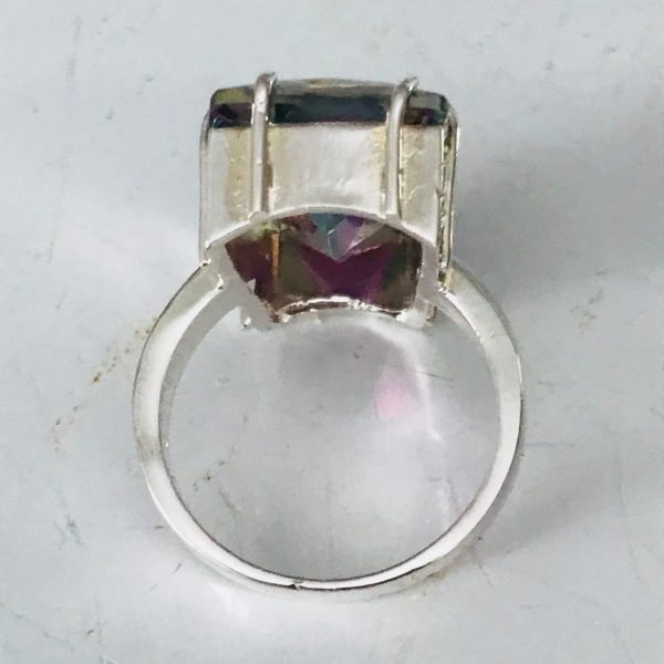 Vintage Sterling Silver Ring Faceted Mystic Firey Topaz o Evening clubbing special event .925 Jewelry size 8 collectible Stunning