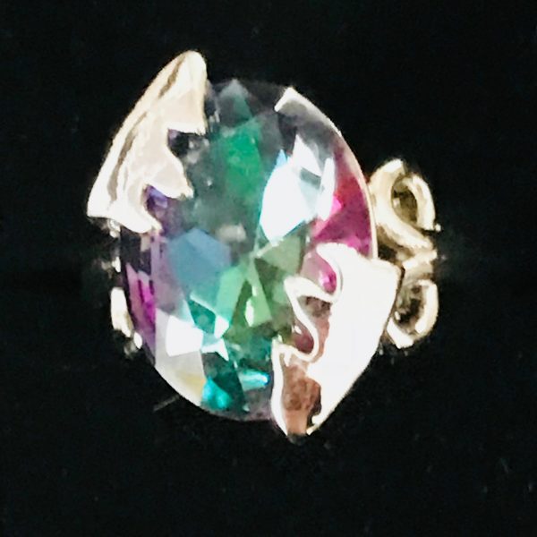 Vintage Sterling Silver Ring Faceted Mystic Firey Topaz ornate setting & pierced band Evening clubbing special event .925 Jewelry size 8 1/4