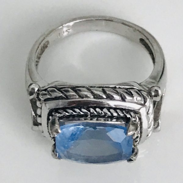 Vintage Sterling Silver Ring Faceted periwinkle blue prong set cushion ornate collectible .925 Jewelry size 6