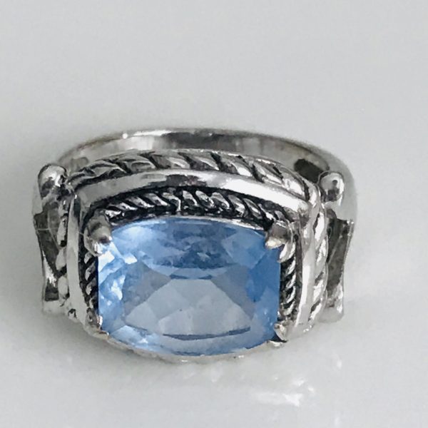 Vintage Sterling Silver Ring Faceted periwinkle blue prong set cushion ornate collectible .925 Jewelry size 6