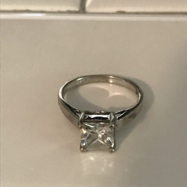 Vintage Sterling Silver Ring Faceted Square Cubic Zircon Solitaire Evening clubbing special event collectible .925 Jewelry size 7