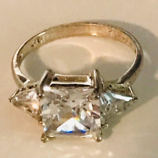 Vintage Sterling Silver Ring Faceted Square Cubic Zircon with Trillions Evening clubbing special event collectible .925 Jewelry size 7