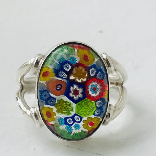Vintage Sterling Silver Ring Millefiori Murano Glass Evening clubbing special event collectible .925 Jewelry size 6 3/4 blue pink yellow red