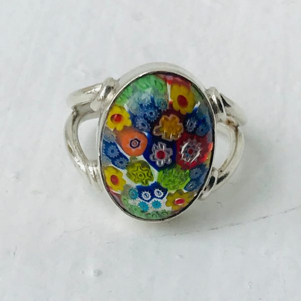 Vintage Sterling Silver Ring Millefiori Murano Glass Evening clubbing special event collectible .925 Jewelry size 6 3/4 blue pink yellow red