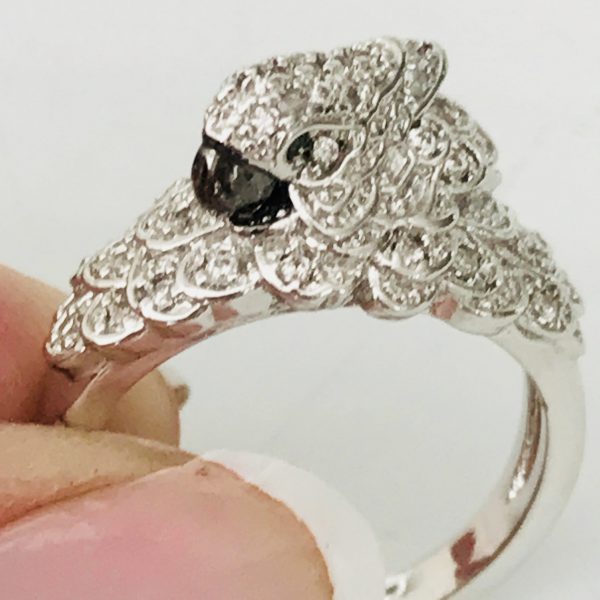 Vintage Sterling Silver Ring Parrot Head Rhinestones green eyes clubbing  .925 Jewelry size 6 collectible Stunning