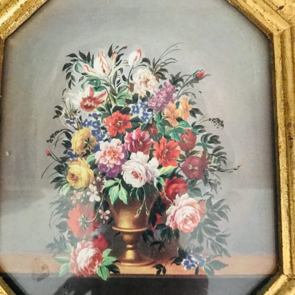 Vintage Still life Floral Print Flower Vase small print gold wooden frame farmhouse collectible dainty wall decor flower vase