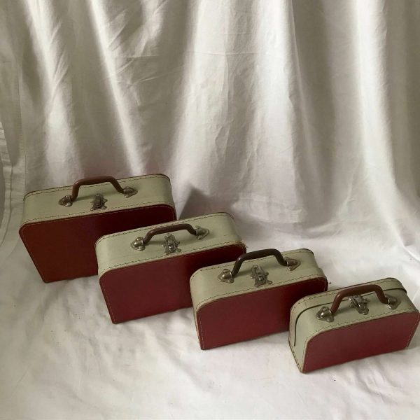 Vintage Suitcases 4 Sizes Cardboard made in Spain hard plastic handles metal latches Red and gray