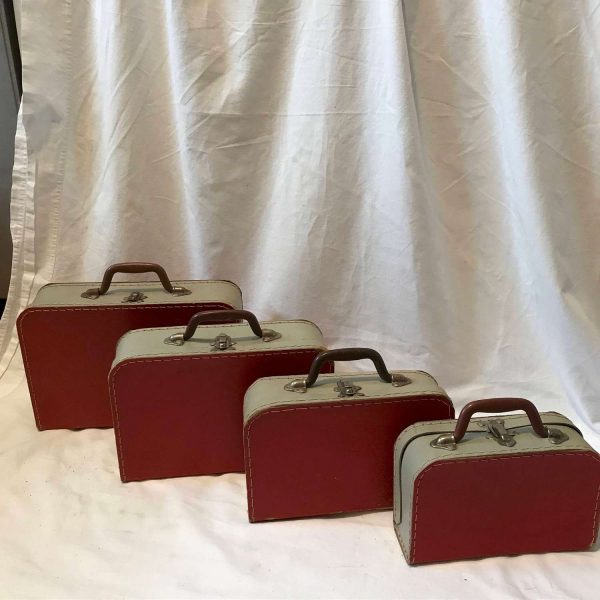 Vintage Suitcases 4 Sizes Cardboard made in Spain hard plastic handles metal latches Red and gray