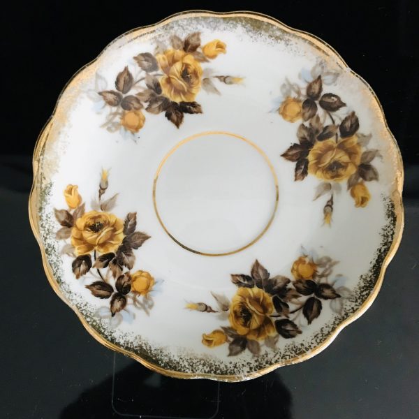 Vintage Tea cup and saucer Fine bone china Golden Yellow Roses with Brown leaves gold trim farmhouse collectible display dining serving