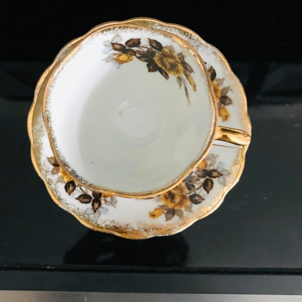 Vintage Tea cup and saucer Fine bone china Golden Yellow Roses with Brown leaves gold trim farmhouse collectible display dining serving