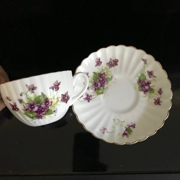 Vintage Tea cup and saucer Radfords England Fine bone china purple Violets heavily scalloped farmhouse collectible display coffee bridal