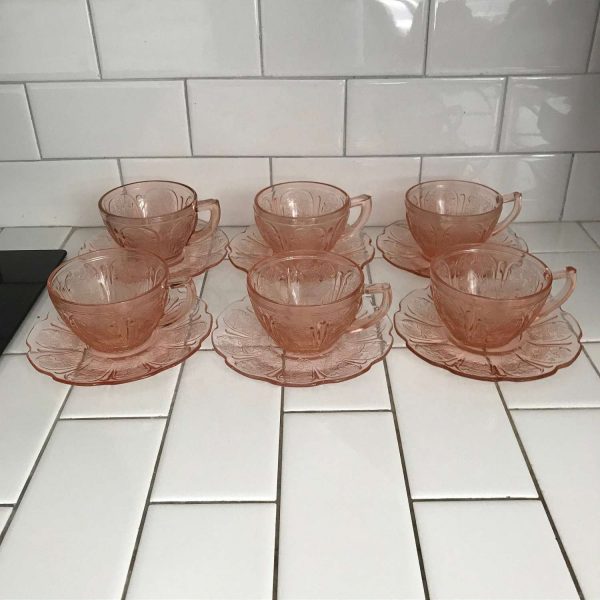 Vintage Tea Cup and Saucers Jeanette Cherry Pattern depression glass Farmhouse Collectible Display Holiday