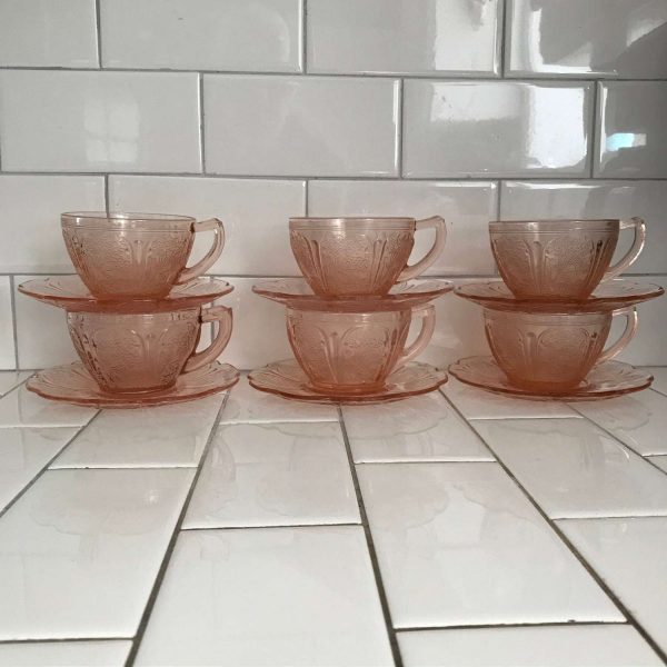 Vintage Tea Cup and Saucers Jeanette Cherry Pattern depression glass Farmhouse Collectible Display Holiday