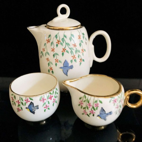 Vintage Tea set USA blue birds and flowers teapot cream sugar gold trimmed pink flowers collectible display Eggshell