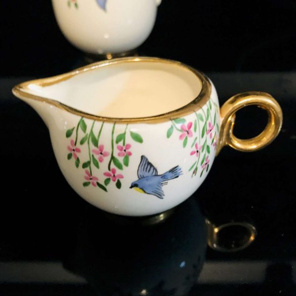 Vintage Tea set USA blue birds and flowers teapot cream sugar gold trimmed pink flowers collectible display Eggshell