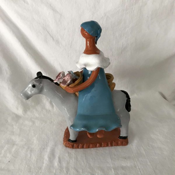 Vintage Terra Cotta Figurine Woman on Donkey Aritsan Made great detail rustic southwestern western cowboy ranch farmhouse decor
