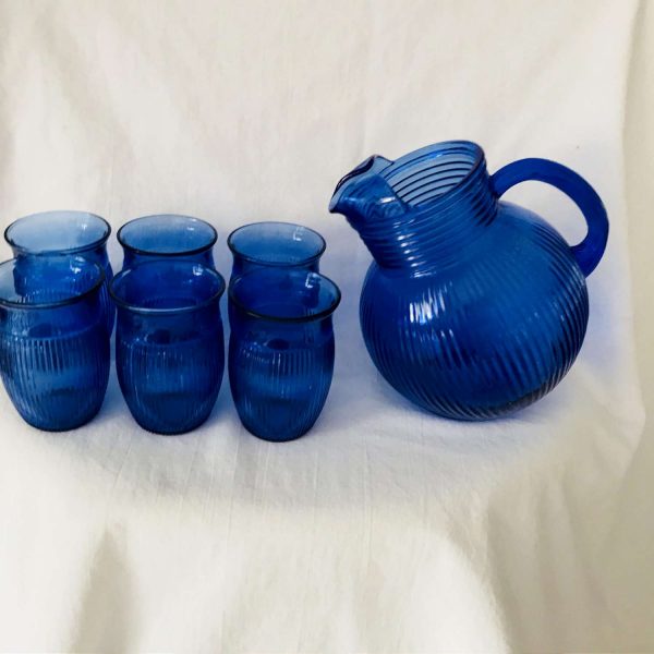 Vintage Tilt Ball Pitcher with 6 juice glasses Depression glass ribbed cobalt blue ice catcher pitcher farmhouse collectible display