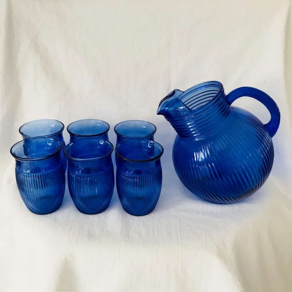 Vintage Tilt Ball Pitcher with 6 juice glasses Depression glass ribbed cobalt blue ice catcher pitcher farmhouse collectible display