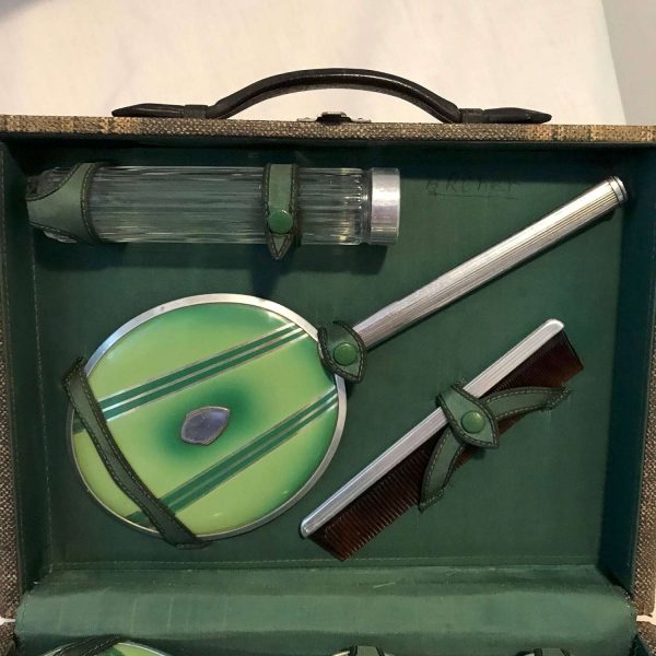 Vintage Train Travel Case Overnight Cosmetic Bag Leather Suitcase glass bottles trimmed in Green Art Deco designed metal lids & accessories