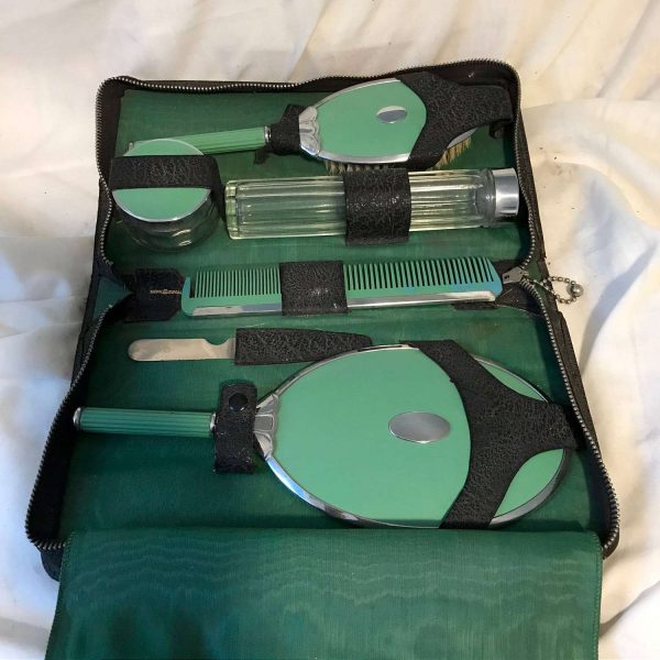 Vintage Train Travel Case Overnight Cosmetic Bag Leather Zipperd glass bottles Metal lids and mirror, brush all green complete